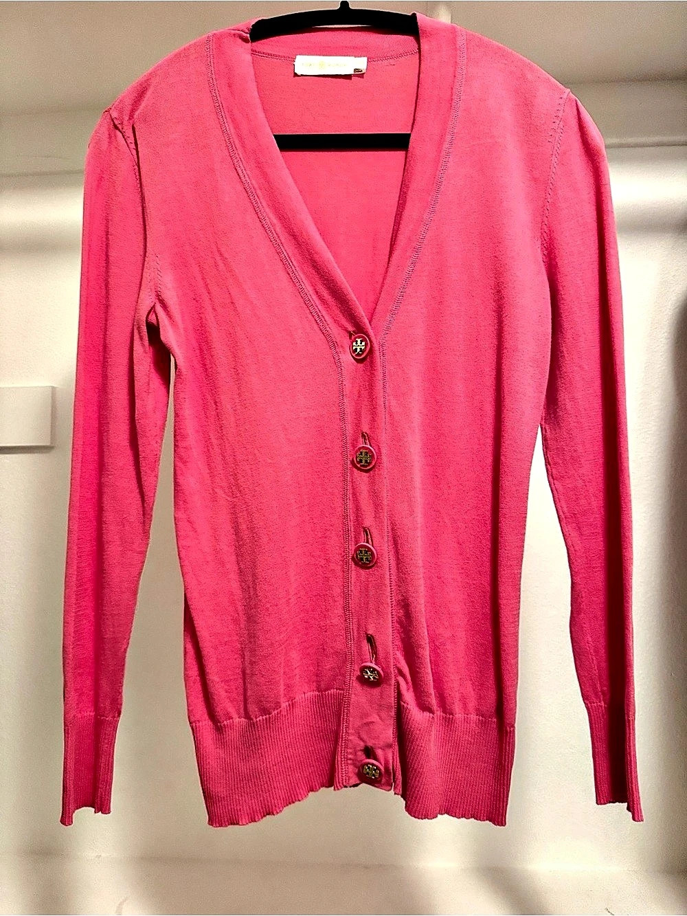 Tory Burch Pink Logo Button V-Neck Cardigan